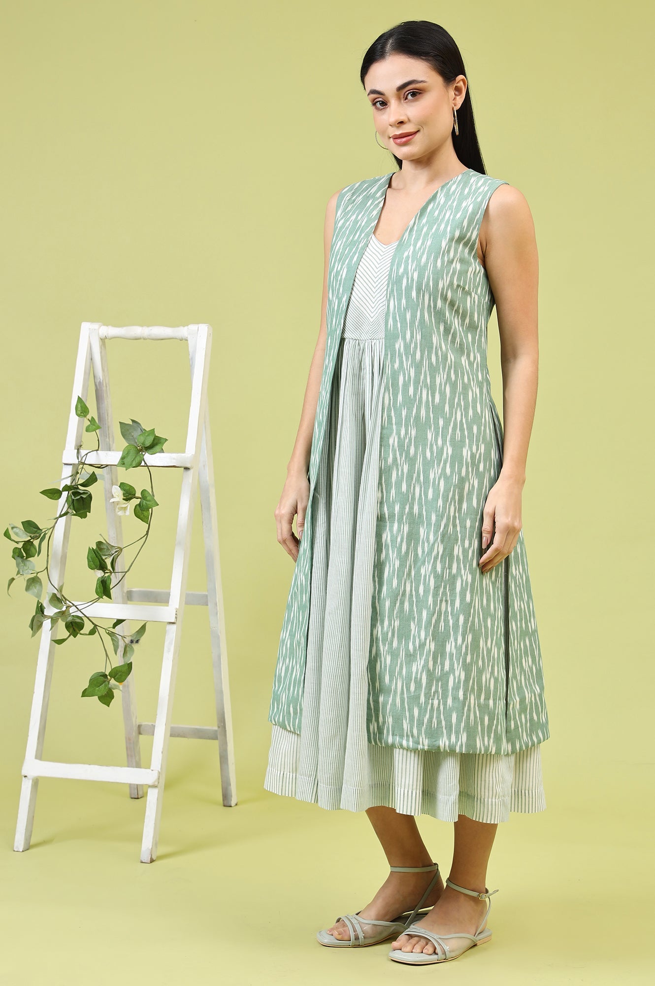 W for Woman White and Green Geometric Printed Flared Spaghetti Dress and Gilet Set