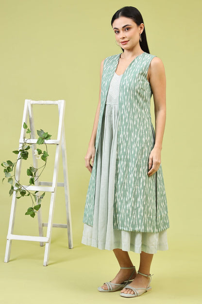 W for Woman White and Green Geometric Printed Flared Spaghetti Dress and Gilet Set