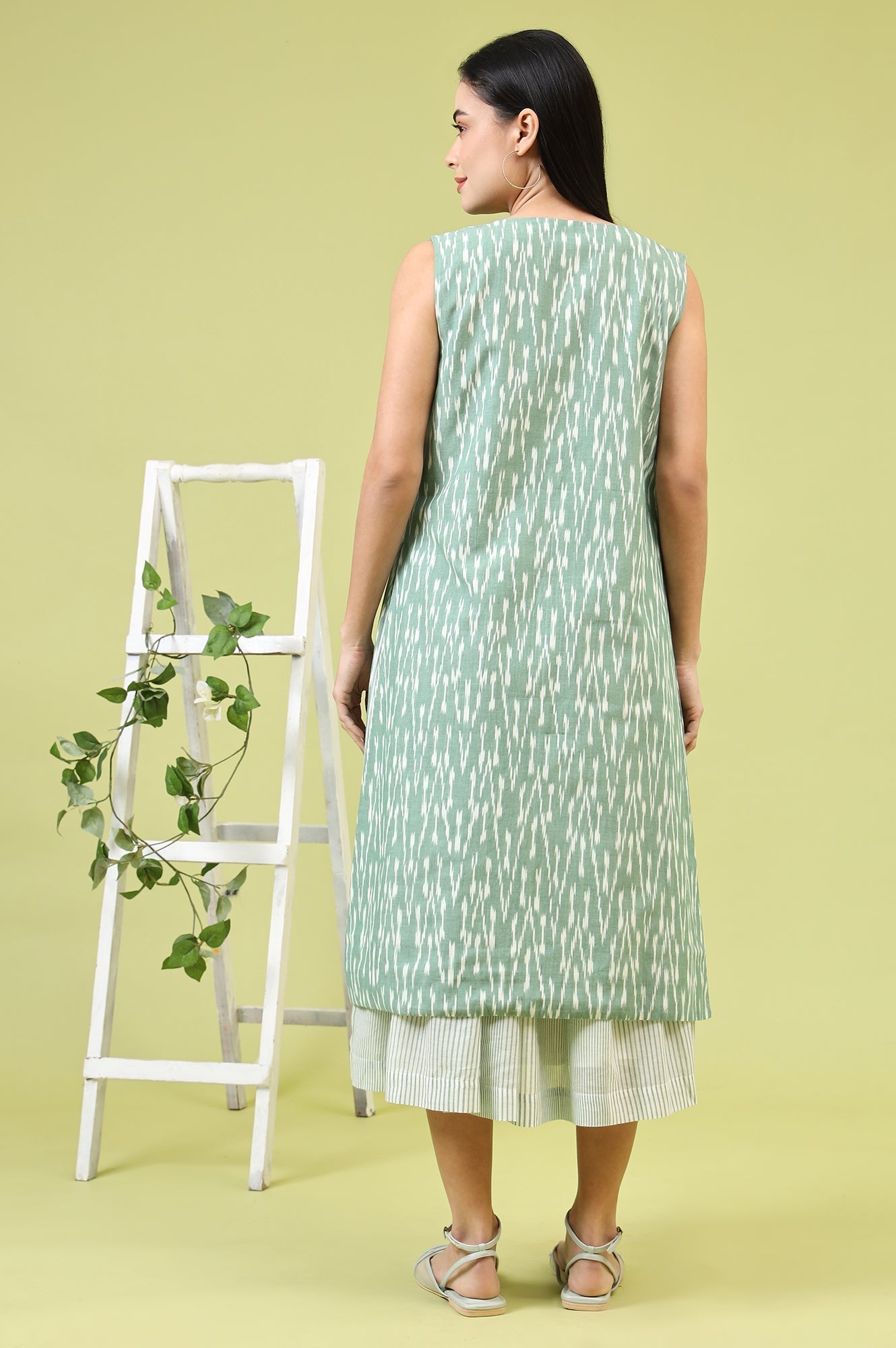 W for Woman White and Green Geometric Printed Flared Spaghetti Dress and Gilet Set