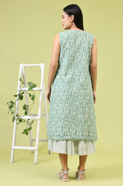 W for Woman White and Green Geometric Printed Flared Spaghetti Dress and Gilet Set