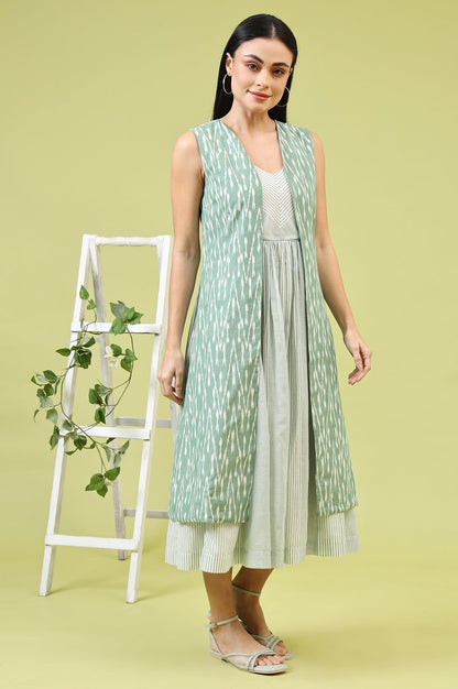 W for Woman White and Green Geometric Printed Flared Spaghetti Dress and Gilet Set