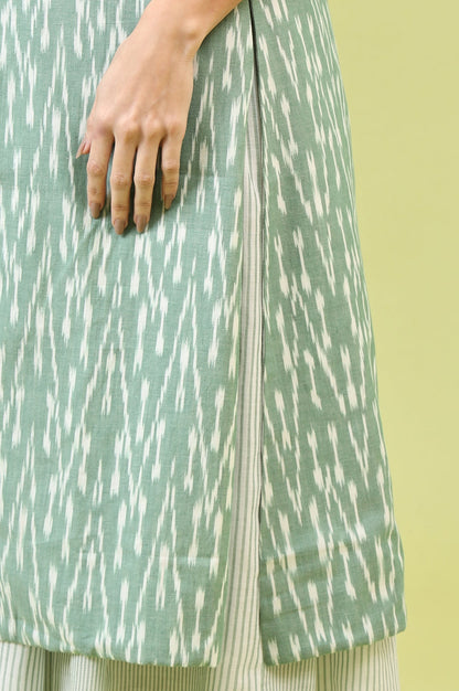 W for Woman White and Green Geometric Printed Flared Spaghetti Dress and Gilet Set