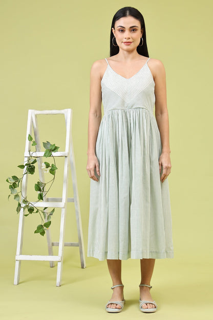 W for Woman White and Green Geometric Printed Flared Spaghetti Dress and Gilet Set