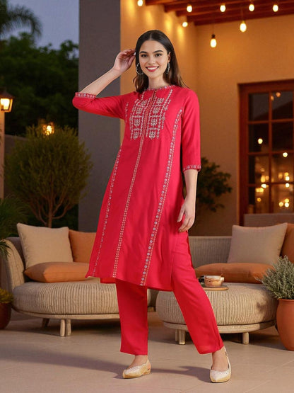 W for Woman Pink Glitter Printed Embroidered Straight Kurta and Straight Pants Set