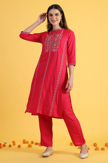W for Woman Pink Glitter Printed Embroidered Straight Kurta and Straight Pants Set