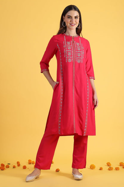 W for Woman Pink Glitter Printed Embroidered Straight Kurta and Straight Pants Set