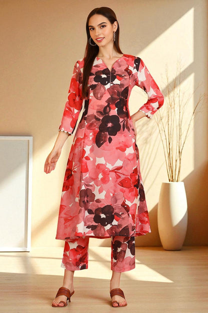 W for Woman Red Bold Floral Printed Modal A-line Kurta and Pants Co-ord Set