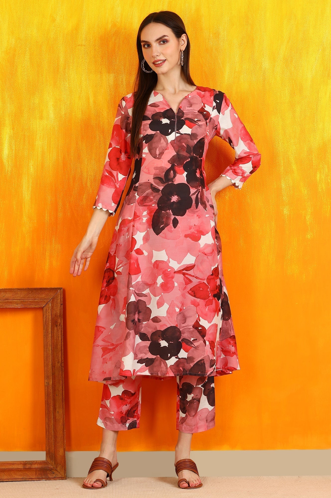 W for Woman Red Bold Floral Printed Modal A-line Kurta and Pants Co-ord Set