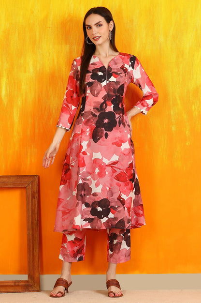 W for Woman Red Bold Floral Printed Modal A-line Kurta and Pants Co-ord Set