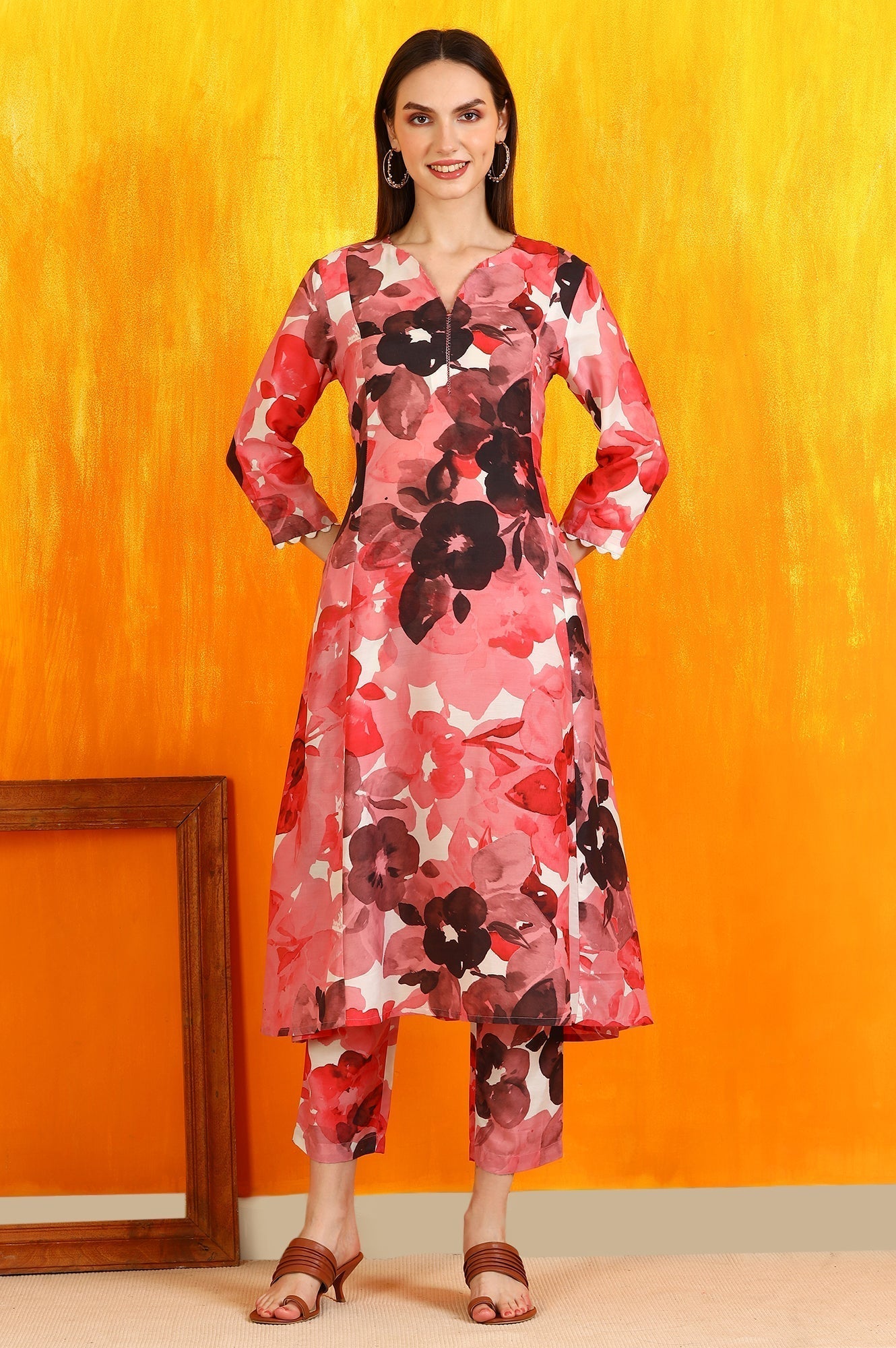 W for Woman Red Bold Floral Printed Modal A-line Kurta and Pants Co-ord Set