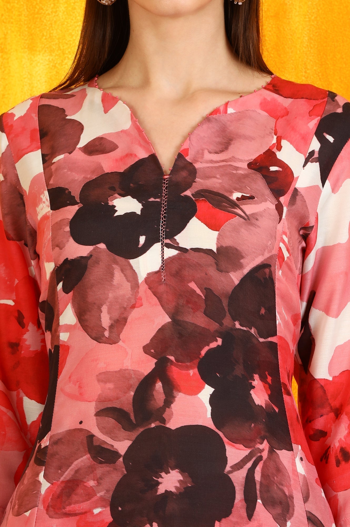 W for Woman Red Bold Floral Printed Modal A-line Kurta and Pants Co-ord Set