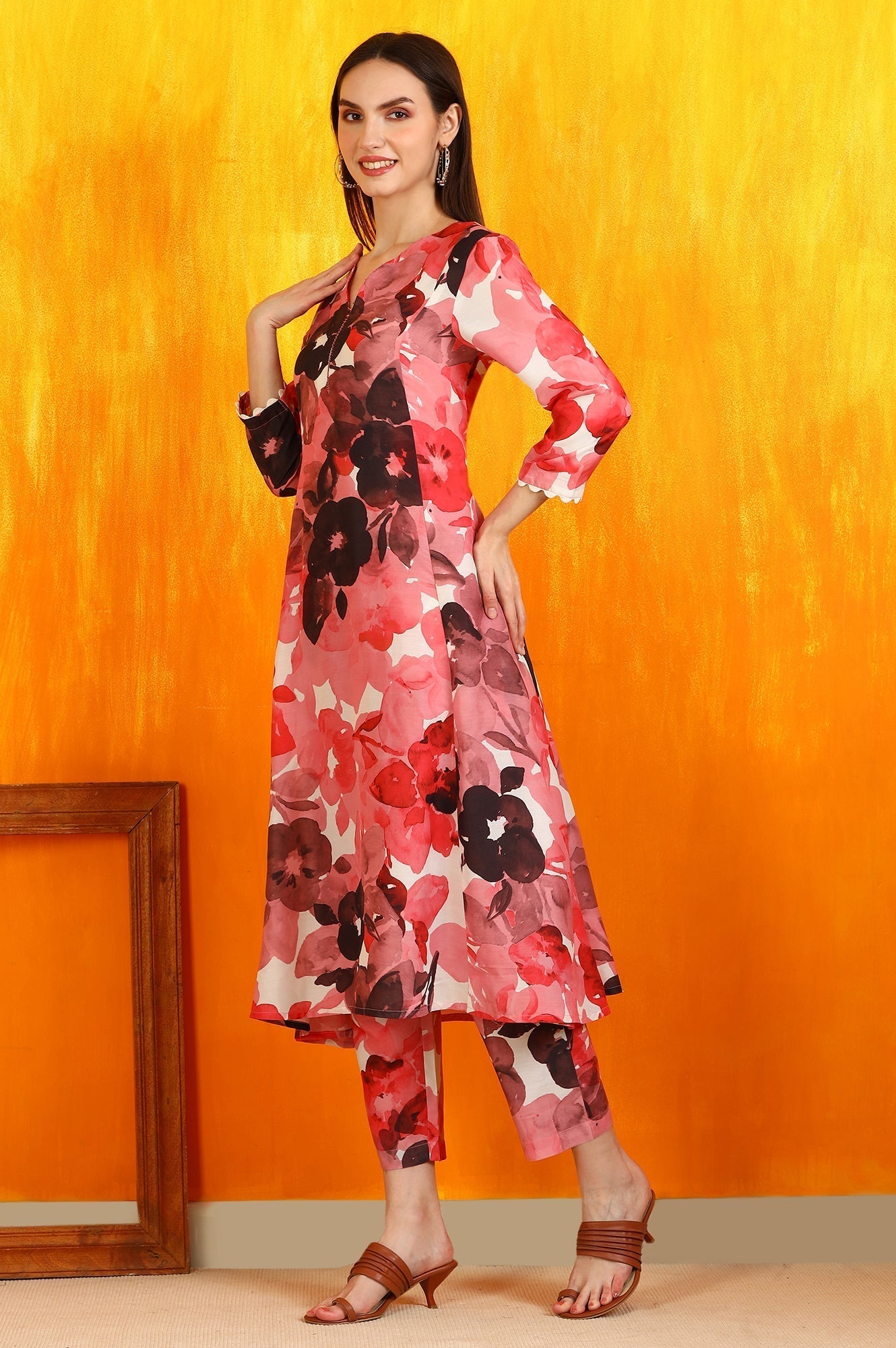 W for Woman Red Bold Floral Printed Modal A-line Kurta and Pants Co-ord Set