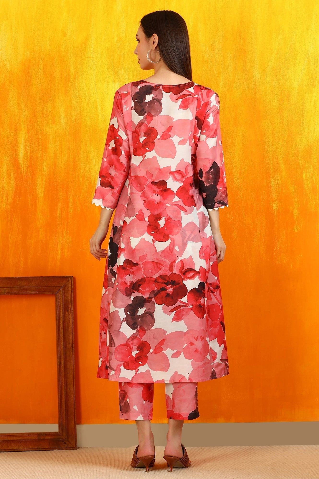 W for Woman Red Bold Floral Printed Modal A-line Kurta and Pants Co-ord Set