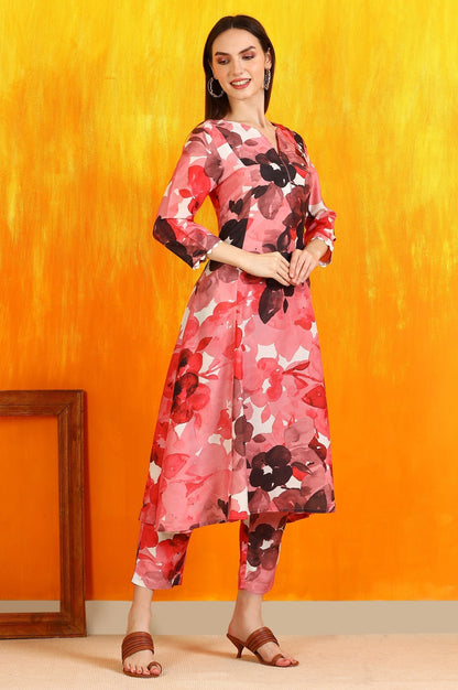 W for Woman Red Bold Floral Printed Modal A-line Kurta and Pants Co-ord Set