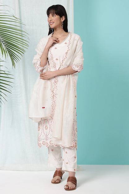 W for Woman Off-White Schiffli Embroidered Rayon Flax Straight Kurta and Pants Set with Dupatta