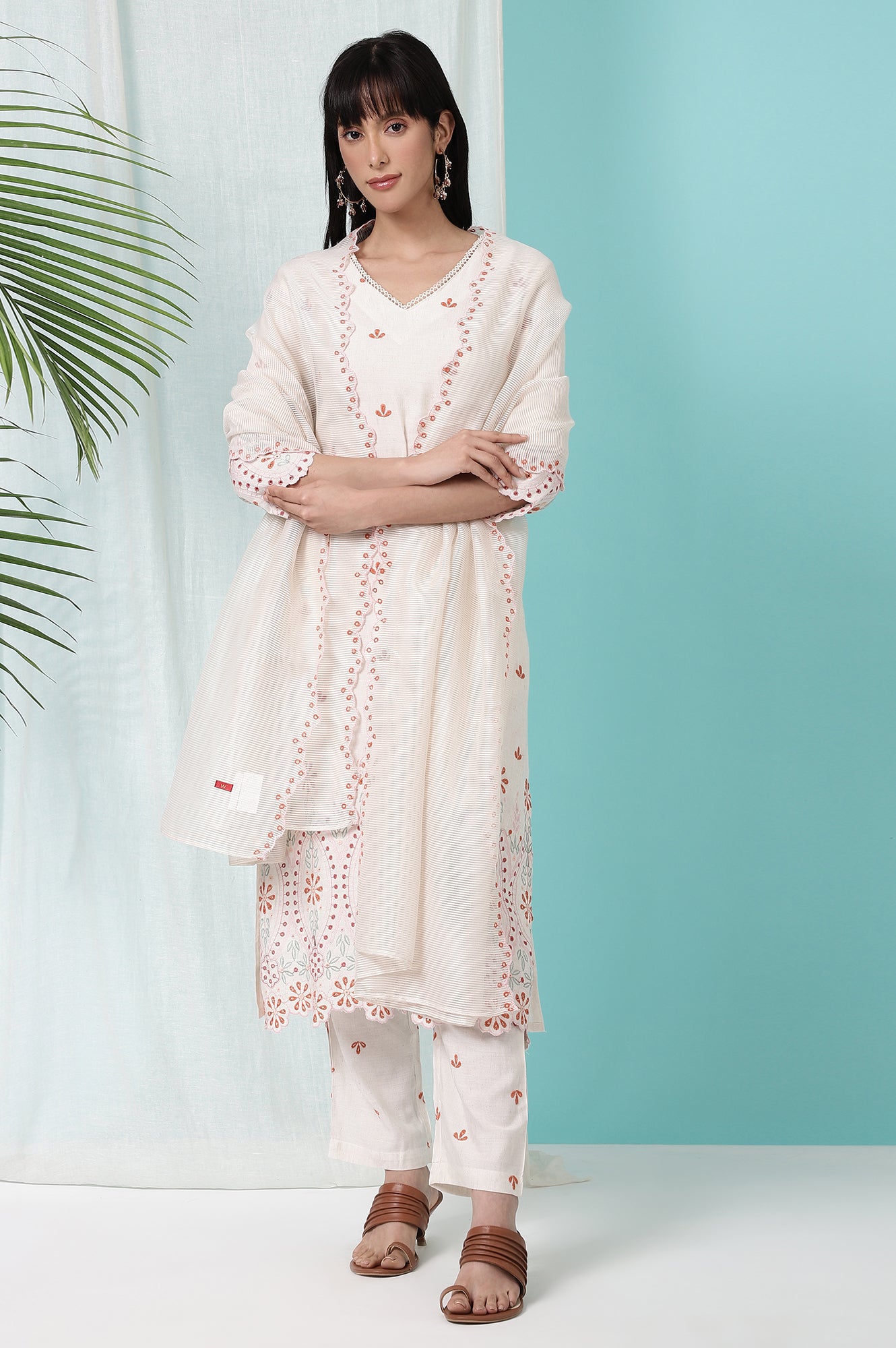 W for Woman Off-White Schiffli Embroidered Rayon Flax Straight Kurta and Pants Set with Dupatta