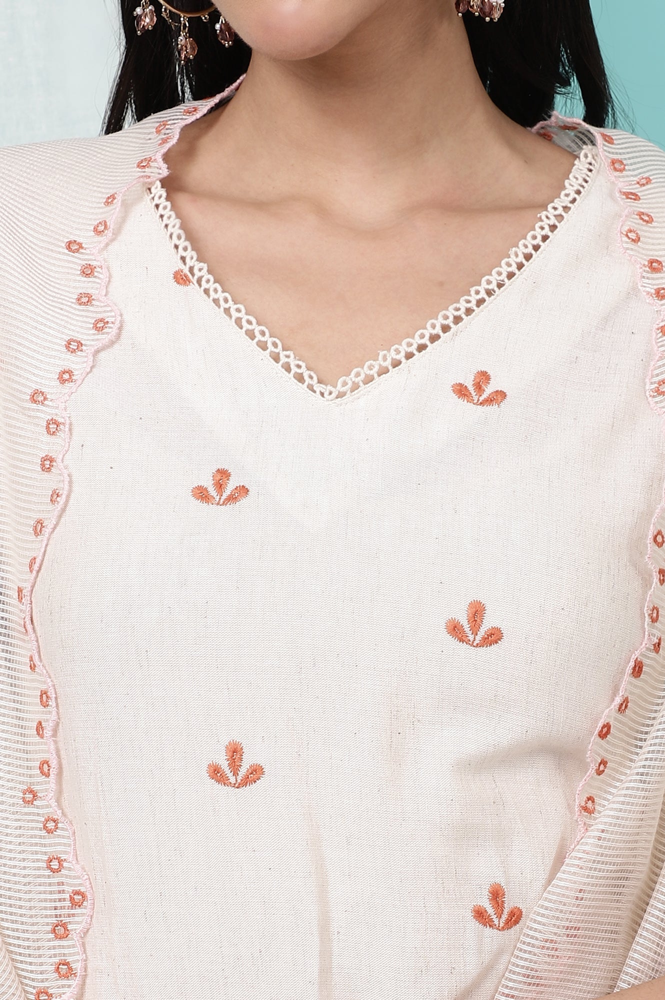 W for Woman Off-White Schiffli Embroidered Rayon Flax Straight Kurta and Pants Set with Dupatta