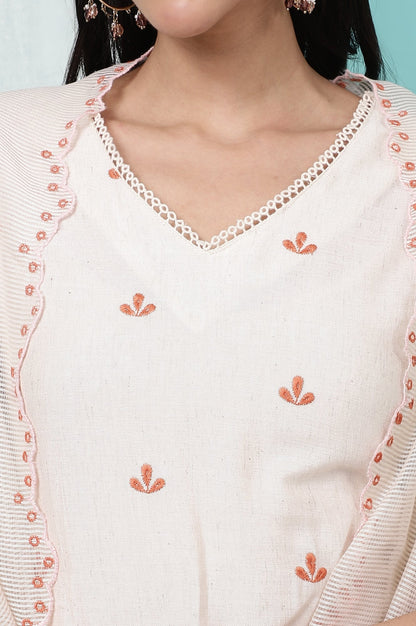 W for Woman Off-White Schiffli Embroidered Rayon Flax Straight Kurta and Pants Set with Dupatta