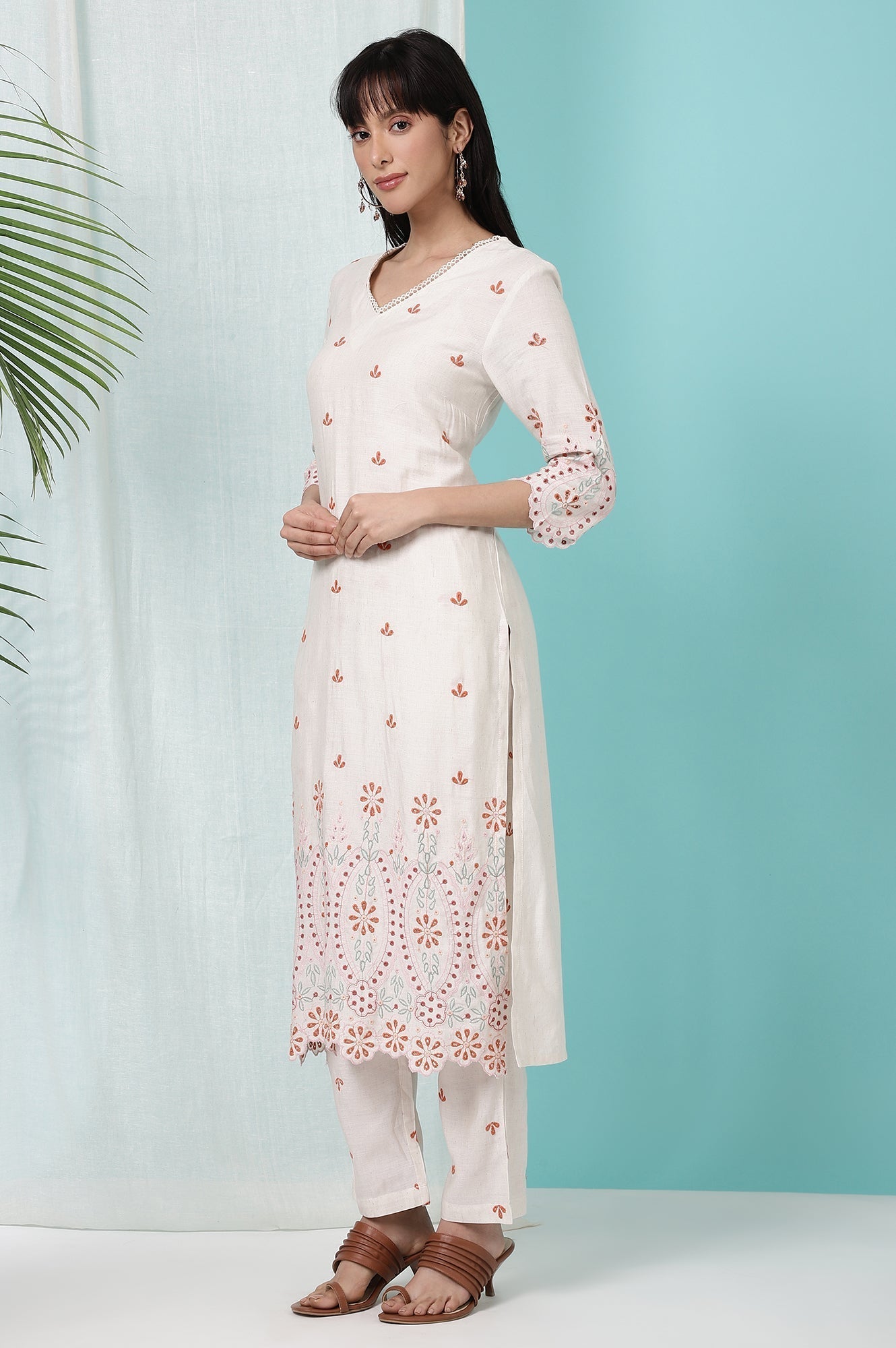 W for Woman Off-White Schiffli Embroidered Rayon Flax Straight Kurta and Pants Set with Dupatta