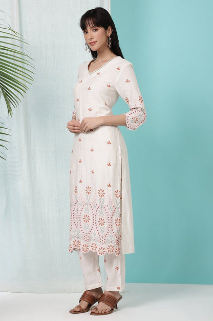 W for Woman Off-White Schiffli Embroidered Rayon Flax Straight Kurta and Pants Set with Dupatta