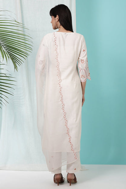 W for Woman Off-White Schiffli Embroidered Rayon Flax Straight Kurta and Pants Set with Dupatta