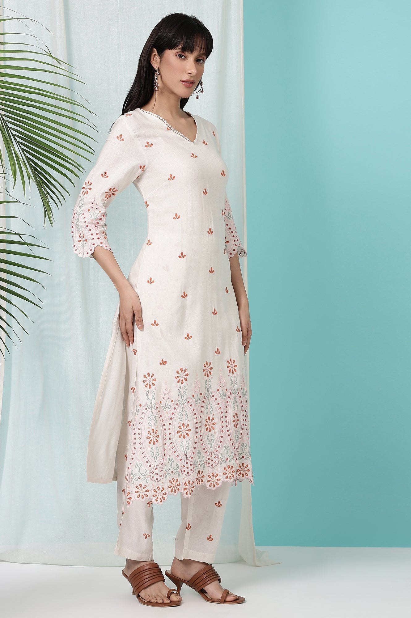 W for Woman Off-White Schiffli Embroidered Rayon Flax Straight Kurta and Pants Set with Dupatta