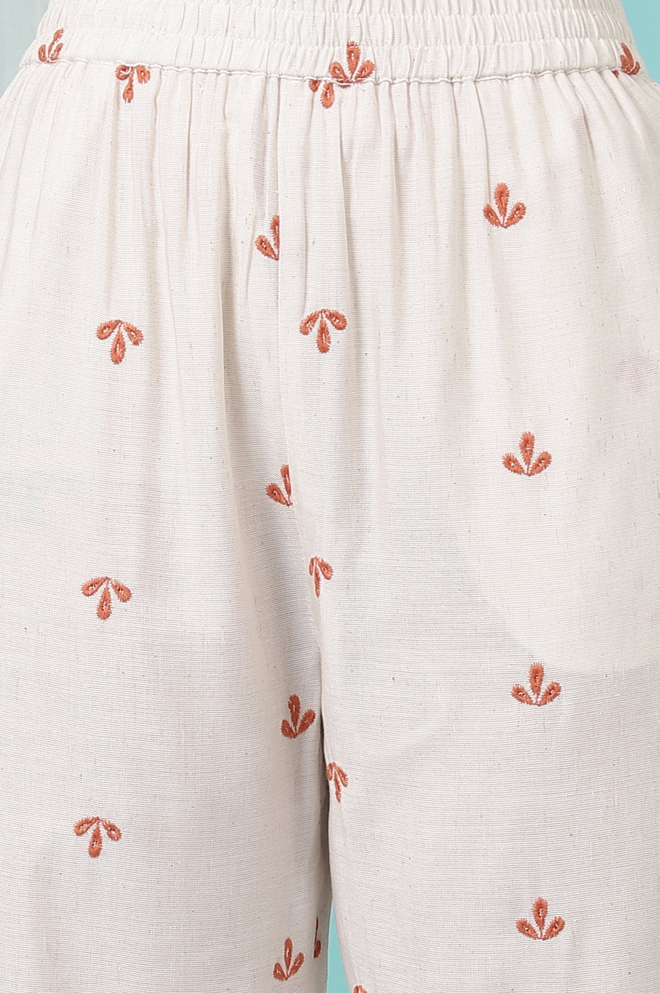 W for Woman Off-White Schiffli Embroidered Rayon Flax Straight Kurta and Pants Set with Dupatta