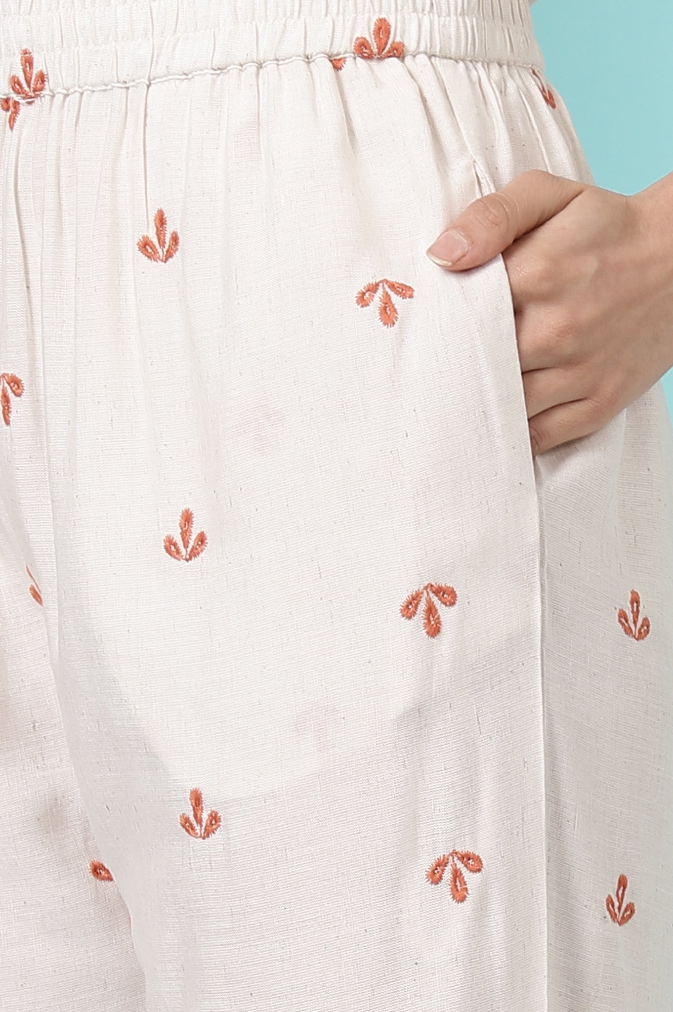 W for Woman Off-White Schiffli Embroidered Rayon Flax Straight Kurta and Pants Set with Dupatta