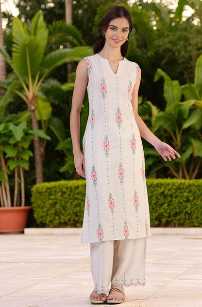W for Woman Beige Embroidered Straight Rayon Kurta & Parallel Pant Set