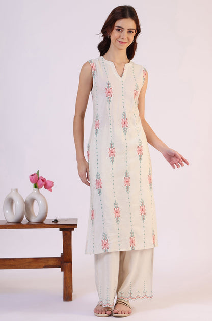 W for Woman Beige Embroidered Straight Rayon Kurta & Parallel Pant Set