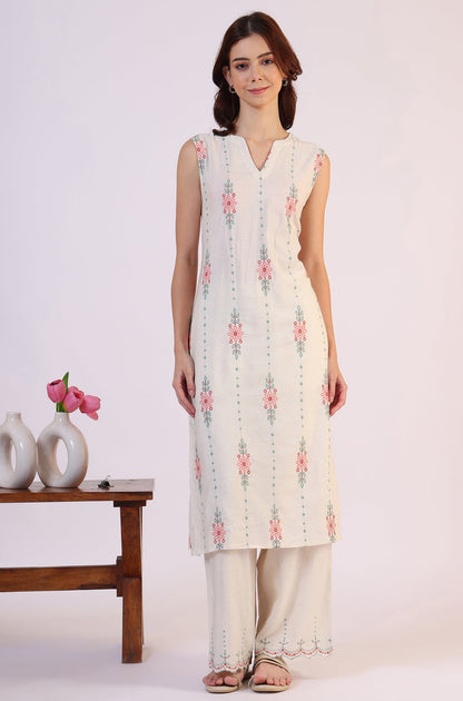 W for Woman Beige Embroidered Straight Rayon Kurta & Parallel Pant Set