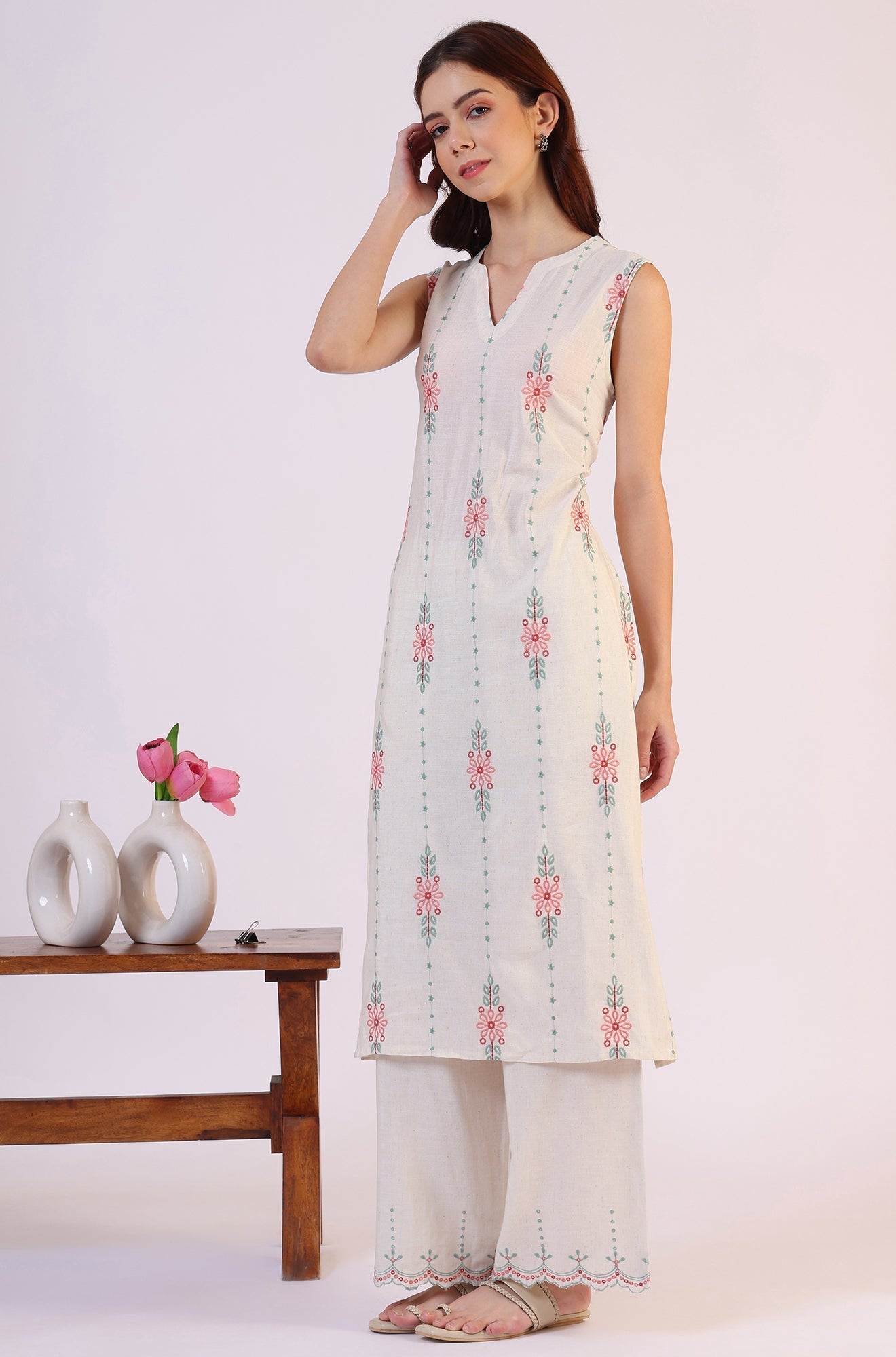 W for Woman Beige Embroidered Straight Rayon Kurta & Parallel Pant Set