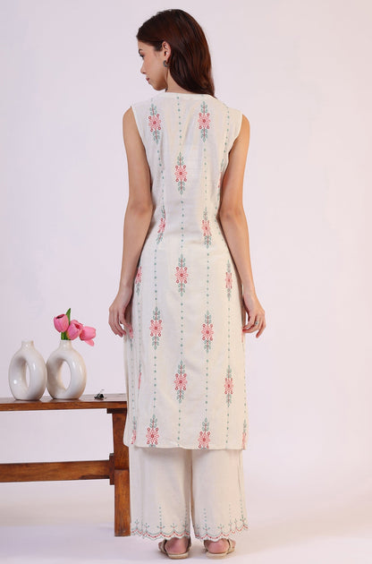 W for Woman Beige Embroidered Straight Rayon Kurta & Parallel Pant Set