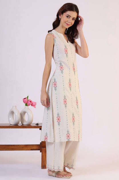 W for Woman Beige Embroidered Straight Rayon Kurta & Parallel Pant Set