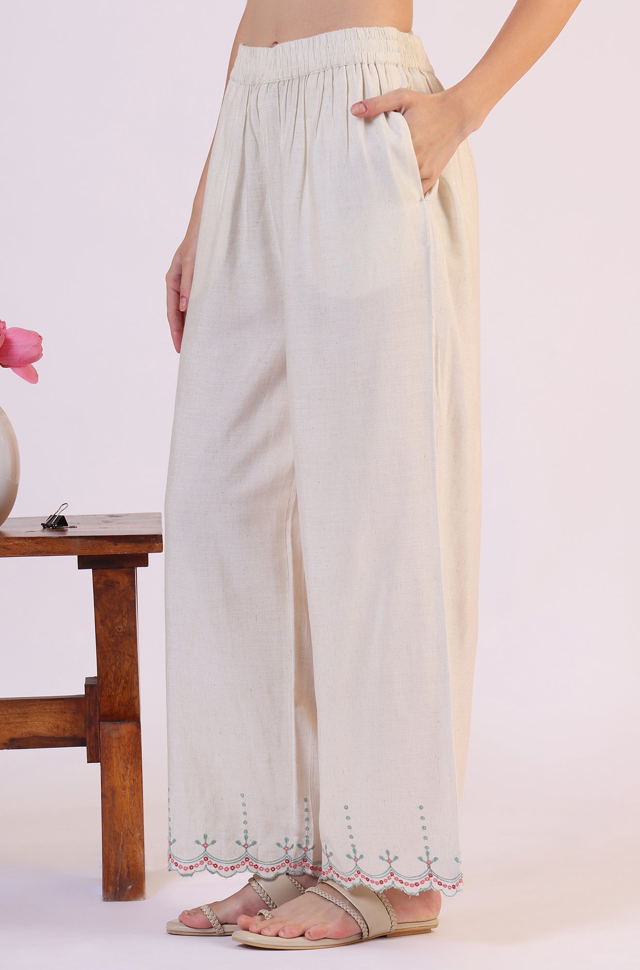 W for Woman Beige Embroidered Straight Rayon Kurta & Parallel Pant Set