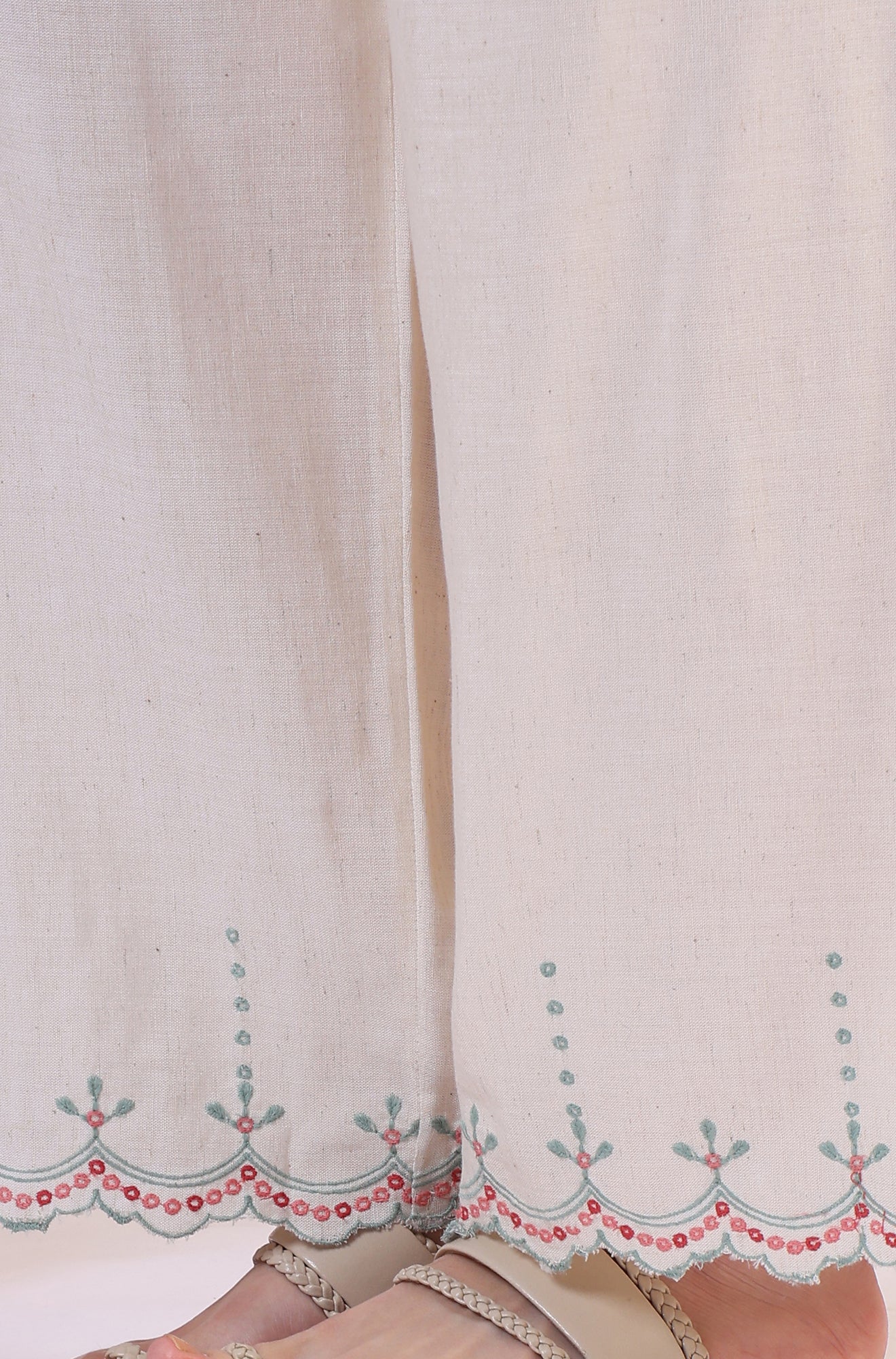 W for Woman Beige Embroidered Straight Rayon Kurta & Parallel Pant Set