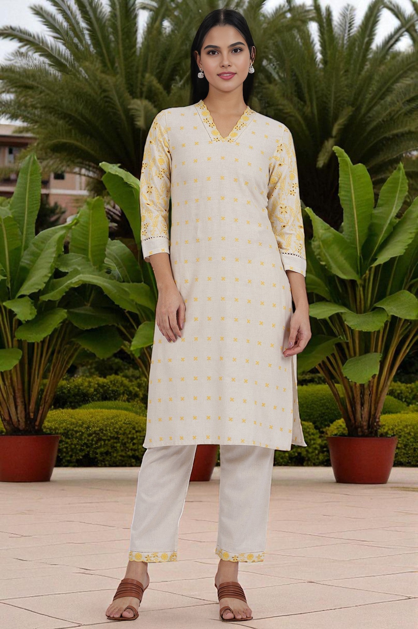 W for Woman Beige Embroidered Lace Cotton Blend Straight Kurta & Straight Pant Set