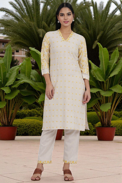 W for Woman Beige Embroidered Lace Cotton Blend Straight Kurta & Straight Pant Set