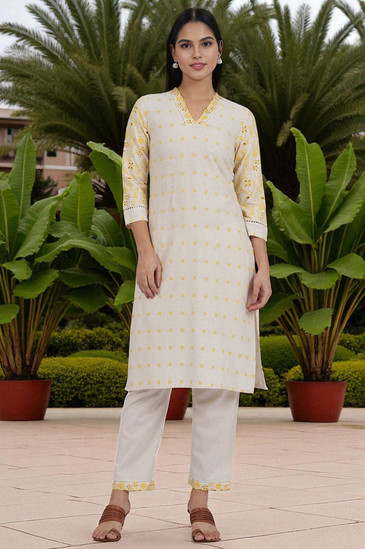 W for Woman Beige Embroidered Lace Cotton Blend Straight Kurta & Straight Pant Set
