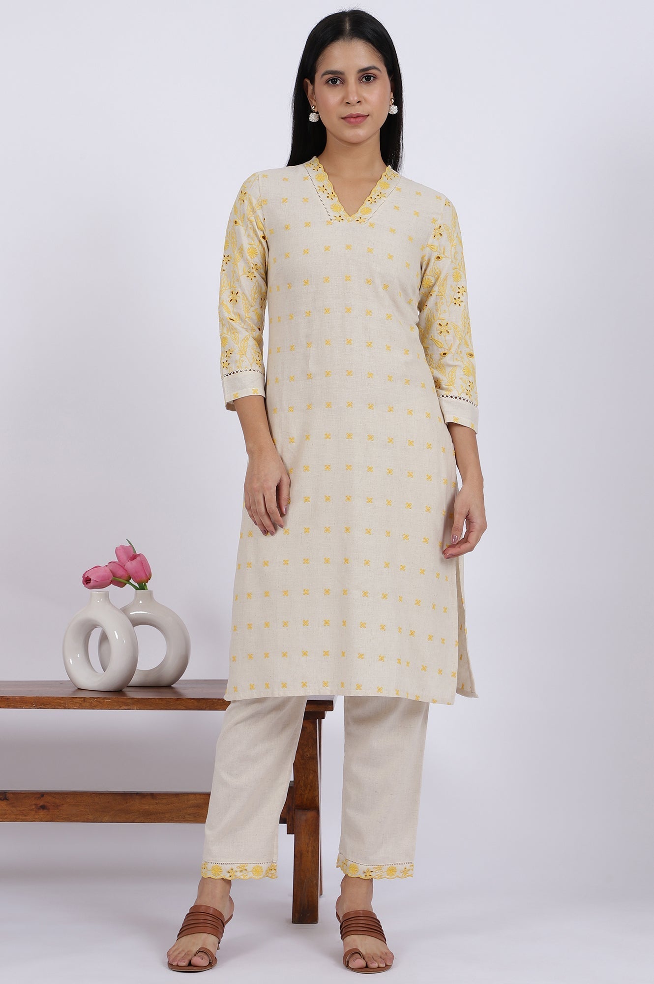 W for Woman Beige Embroidered Lace Cotton Blend Straight Kurta & Straight Pant Set