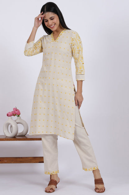 W for Woman Beige Embroidered Lace Cotton Blend Straight Kurta & Straight Pant Set