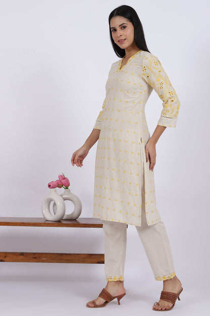 W for Woman Beige Embroidered Lace Cotton Blend Straight Kurta & Straight Pant Set