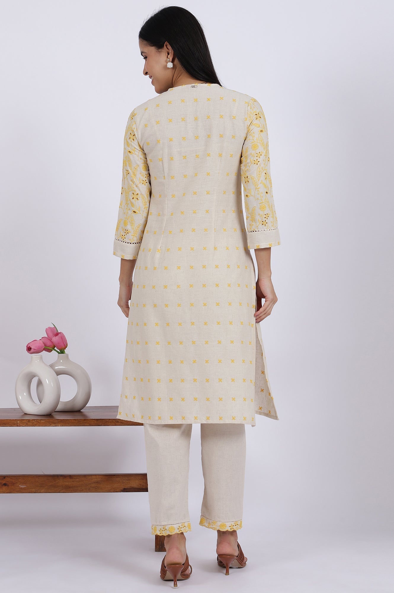 W for Woman Beige Embroidered Lace Cotton Blend Straight Kurta & Straight Pant Set