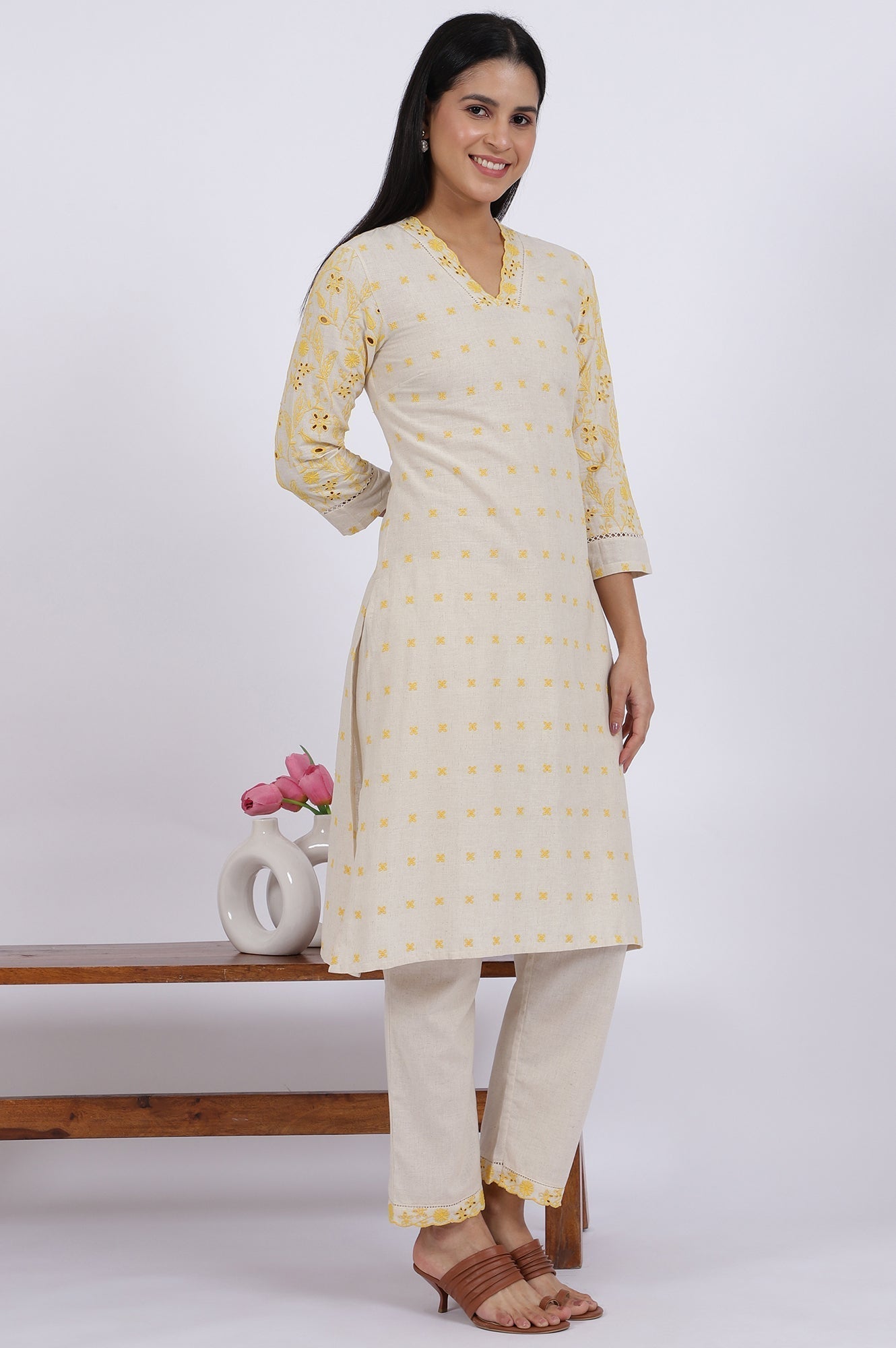 W for Woman Beige Embroidered Lace Cotton Blend Straight Kurta & Straight Pant Set