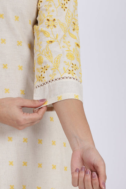 W for Woman Beige Embroidered Lace Cotton Blend Straight Kurta & Straight Pant Set