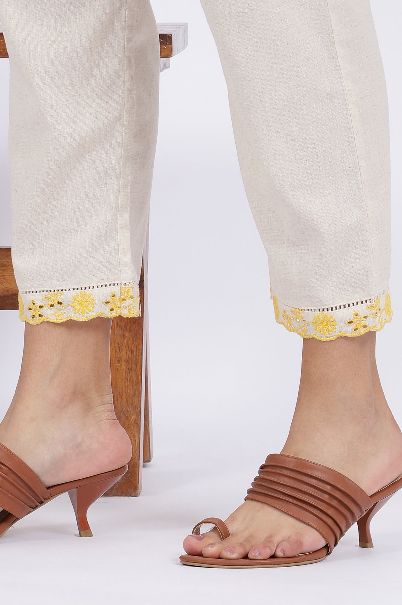 W for Woman Beige Embroidered Lace Cotton Blend Straight Kurta & Straight Pant Set