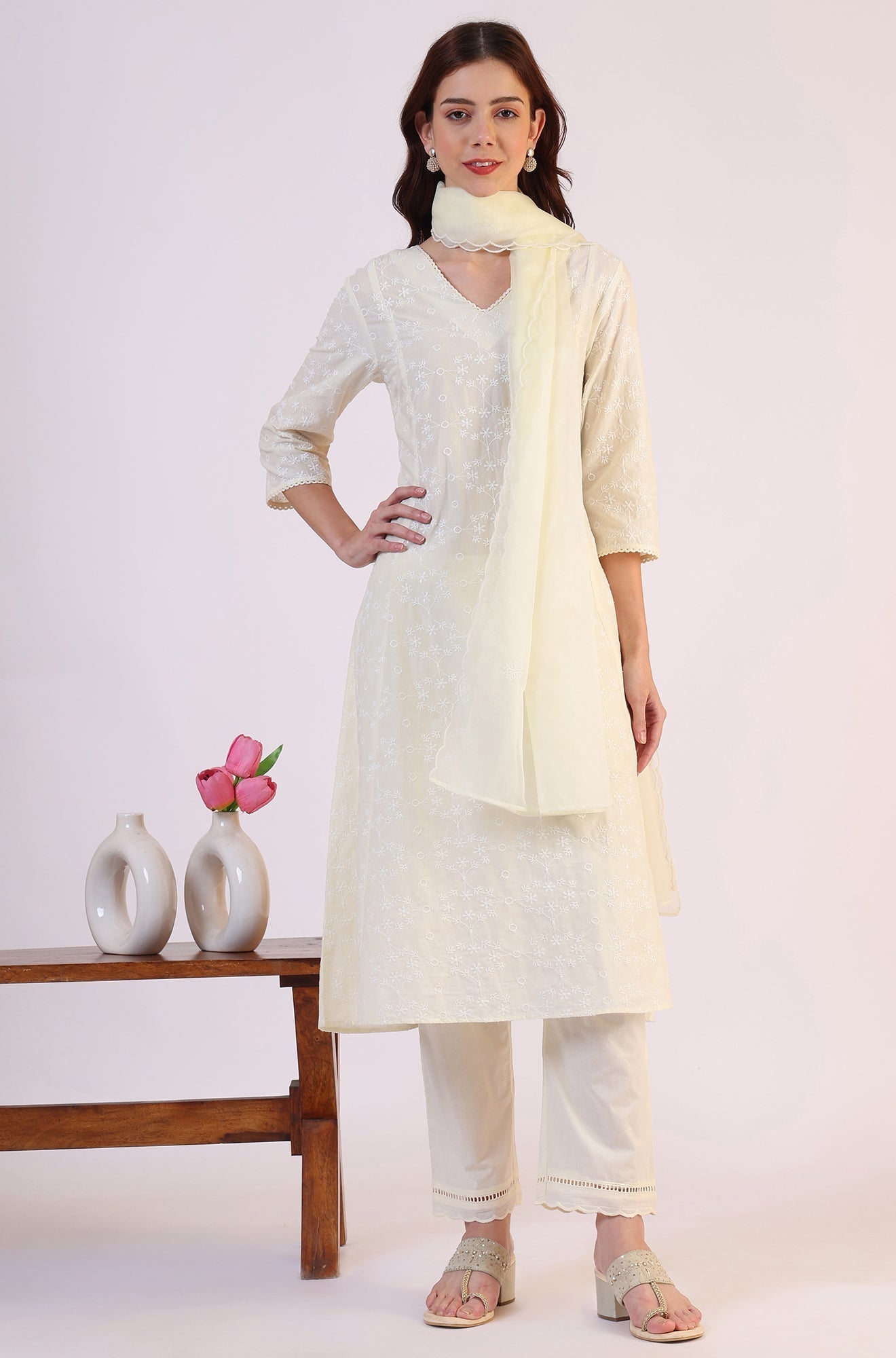 W for Woman White Embroidered Lace Straight Pure Cotton Kurta & Straight Pant With Dupatta Set