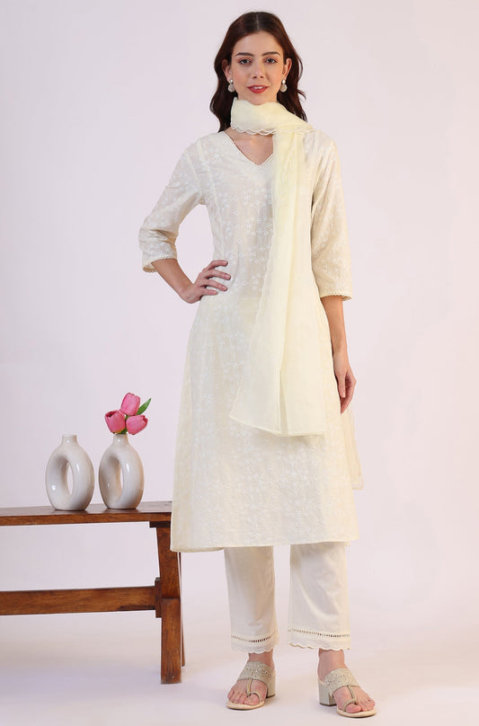 W for Woman White Embroidered Lace Straight Pure Cotton Kurta & Straight Pant With Dupatta Set
