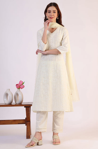W for Woman White Embroidered Lace Straight Pure Cotton Kurta & Straight Pant With Dupatta Set