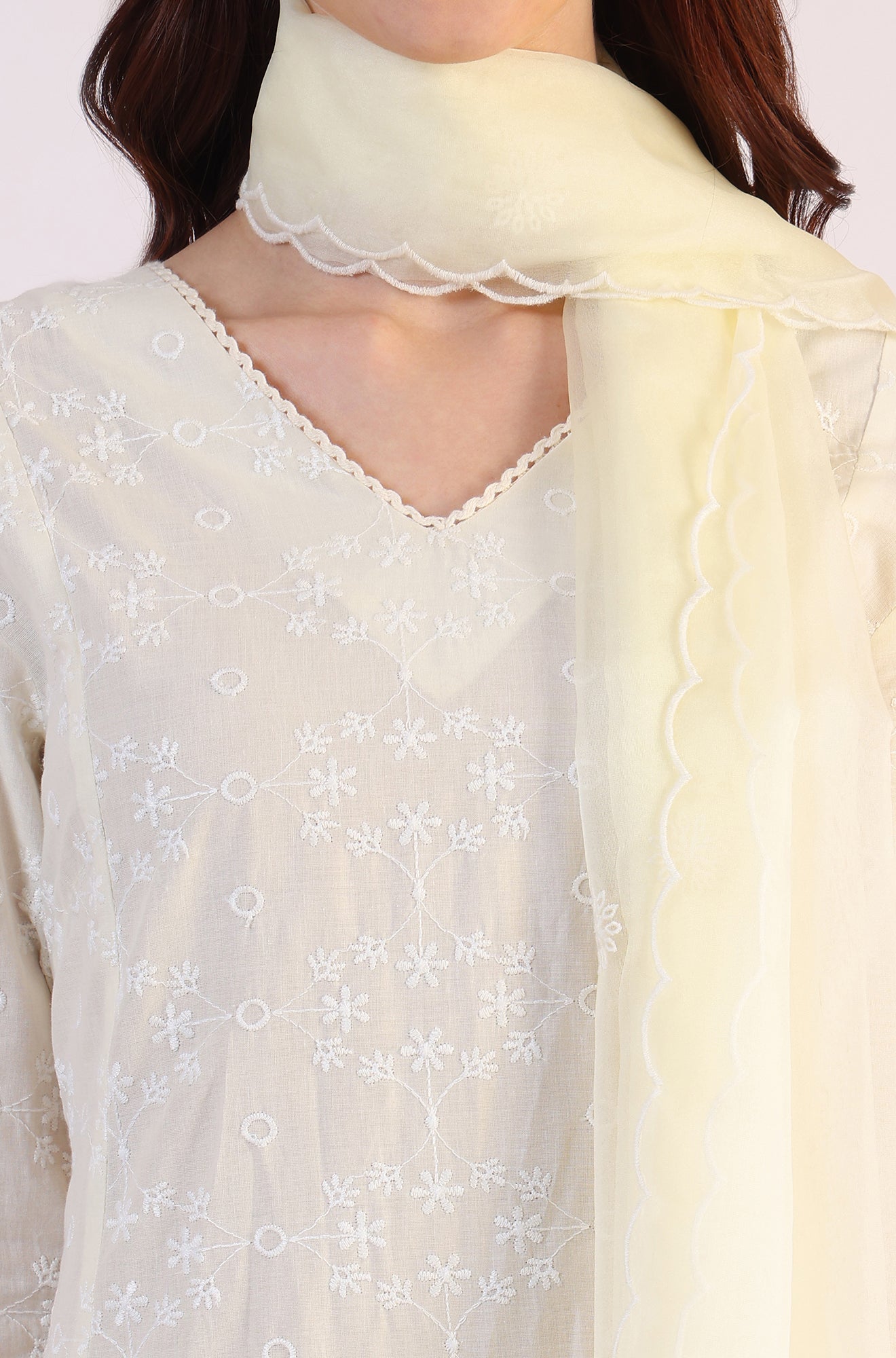 W for Woman White Embroidered Lace Straight Pure Cotton Kurta & Straight Pant With Dupatta Set